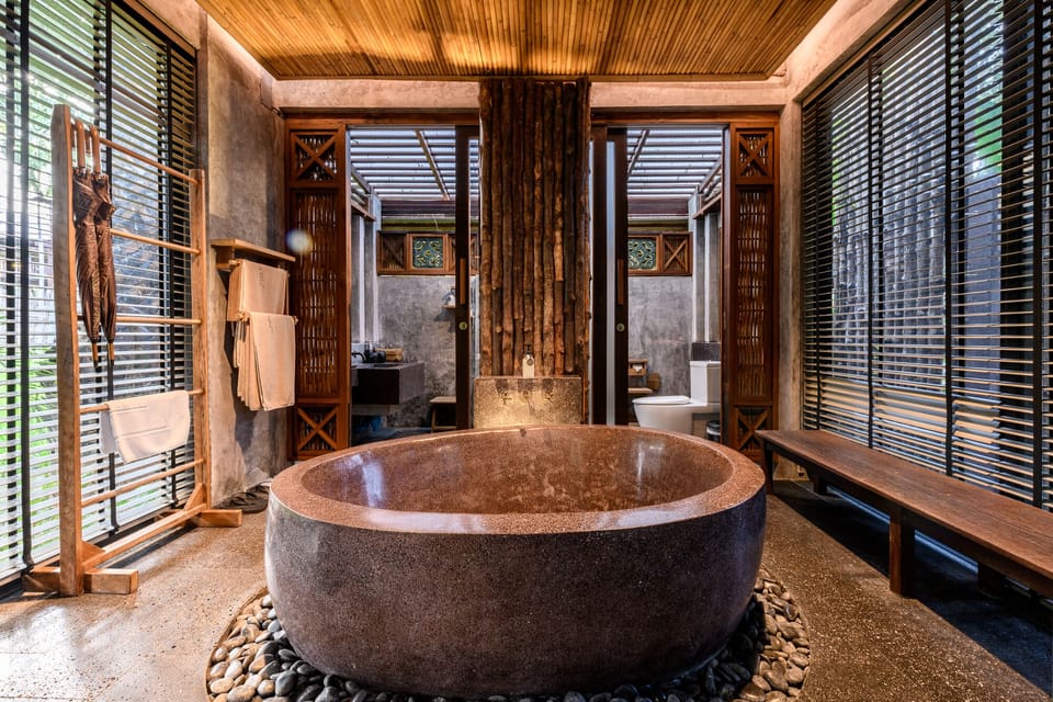 Rice Field Villa | Bathroom | Deep soaking tub, rainfall showerhead, free toiletries, hair dryer