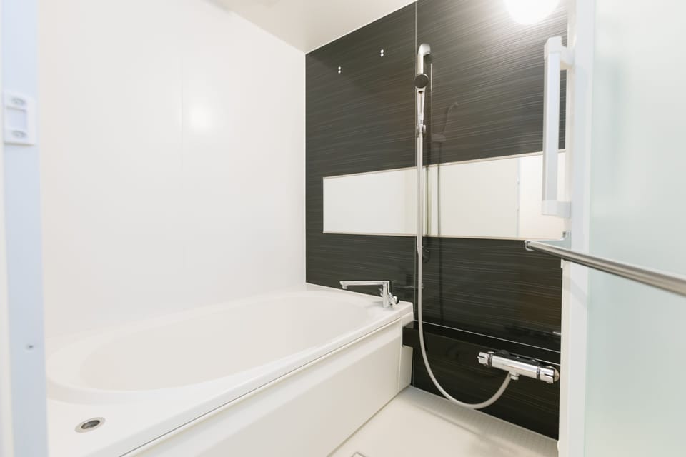 Combined shower/tub, hair dryer, slippers, electronic bidet