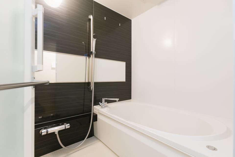 Combined shower/tub, hair dryer, slippers, electronic bidet