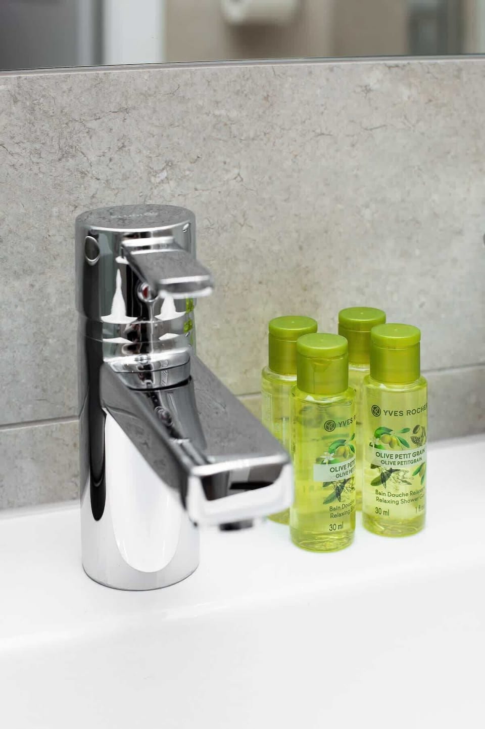 A set of high-quality bathroom amenities, including soap and shampoo, thoughtfully provided for guests.