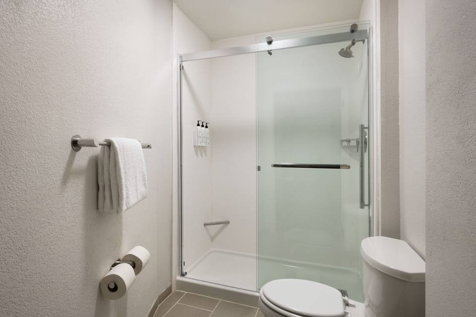 Hydromassage showerhead, free toiletries, hair dryer, towels