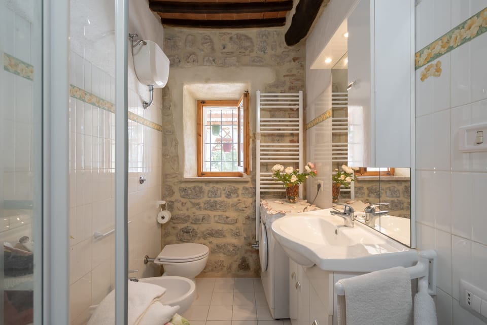 Comfort Apartment, Pool View (Giulia) | Bathroom | Shower, free toiletries, bidet, towels