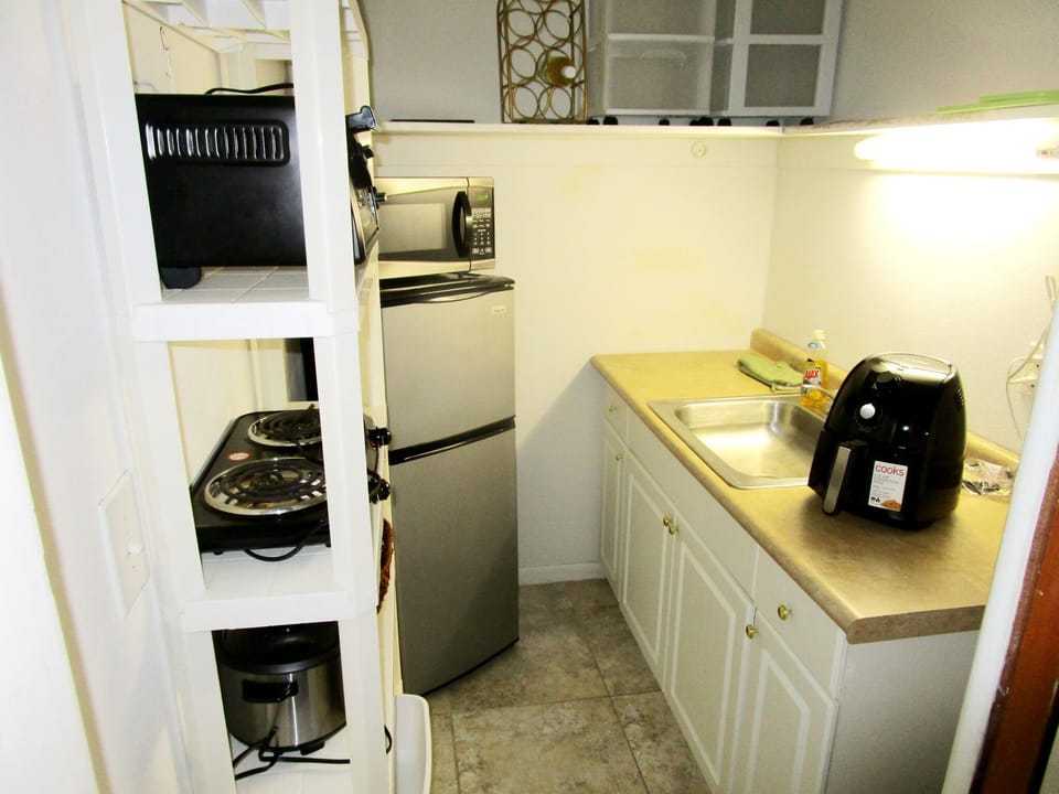Kitchenette Fridge, Ice Maker, Microwave, Blender, Air Fryer, stove top, plates 