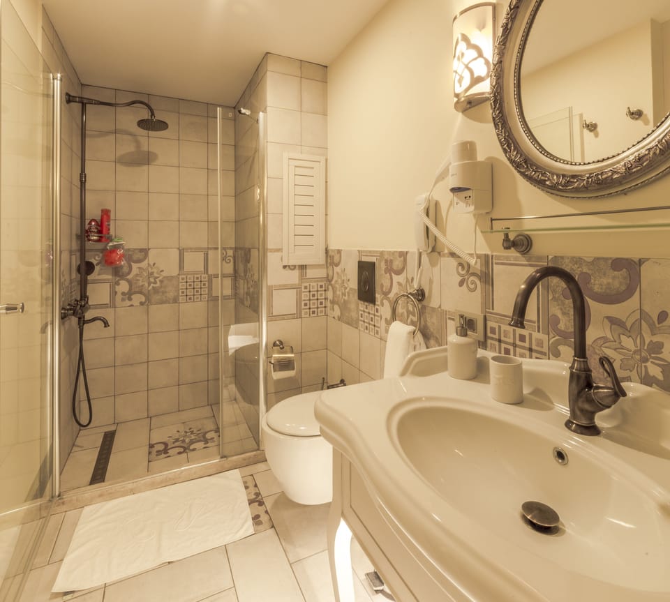 Shower, free toiletries, hair dryer, slippers