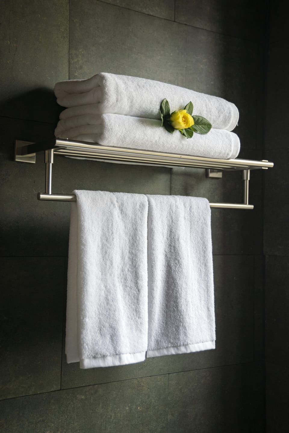 Shower, rainfall showerhead, free toiletries, hair dryer
