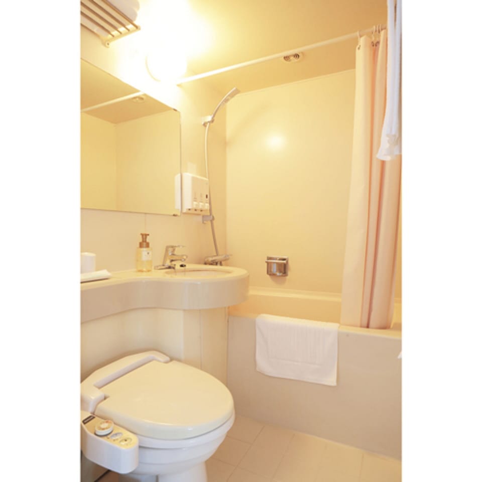 Combined shower/tub, deep soaking tub, free toiletries, hair dryer