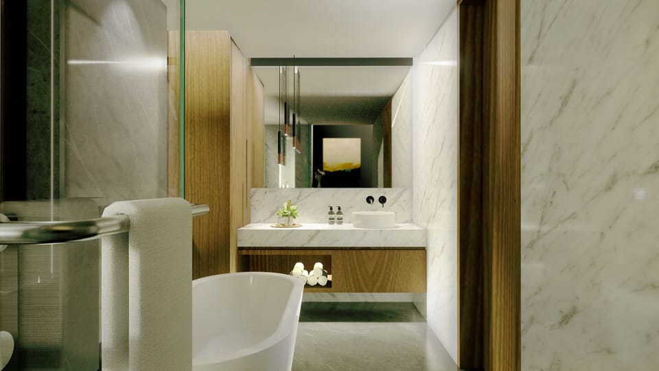 Shower, towels, soap, shampoo