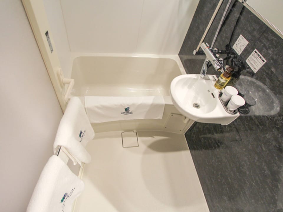 Combined shower/tub, free toiletries, hair dryer, slippers