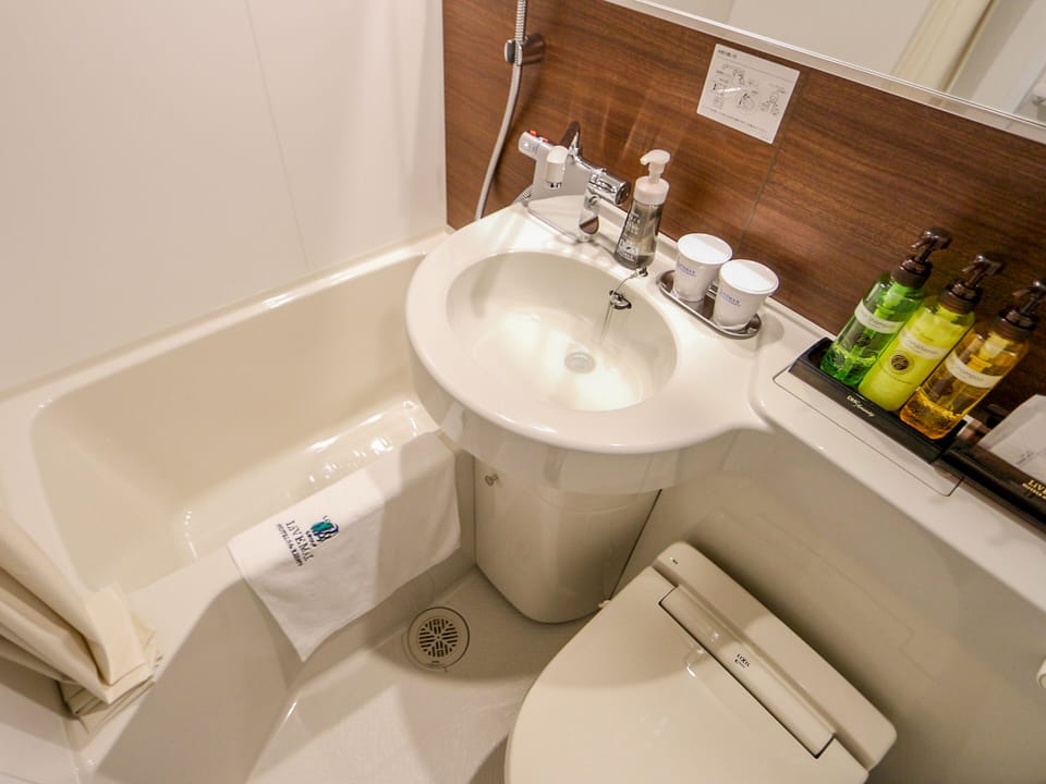 Combined shower/tub, free toiletries, hair dryer, slippers