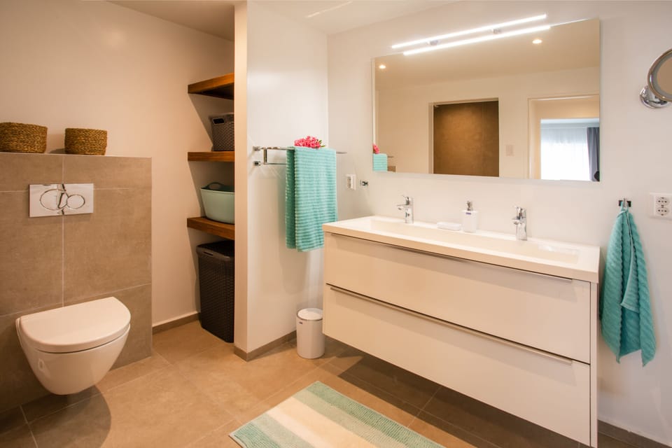 Master Bathroom with toilet, rainshower and a separate area with wasmachine /dry