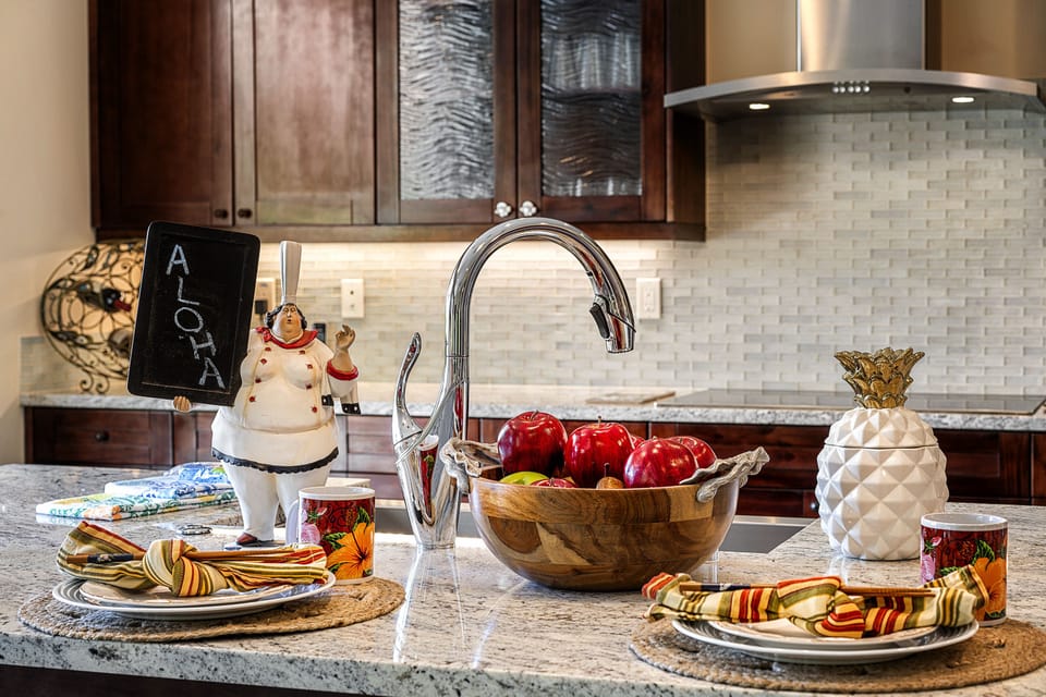The kitchen island is set for guests entering the home.