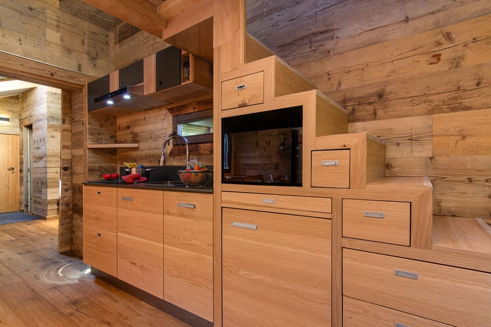 Kitchen and stairs to mezzanine bedroom