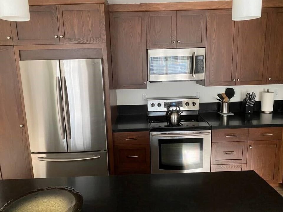 Stainless steel appliances and granite counters