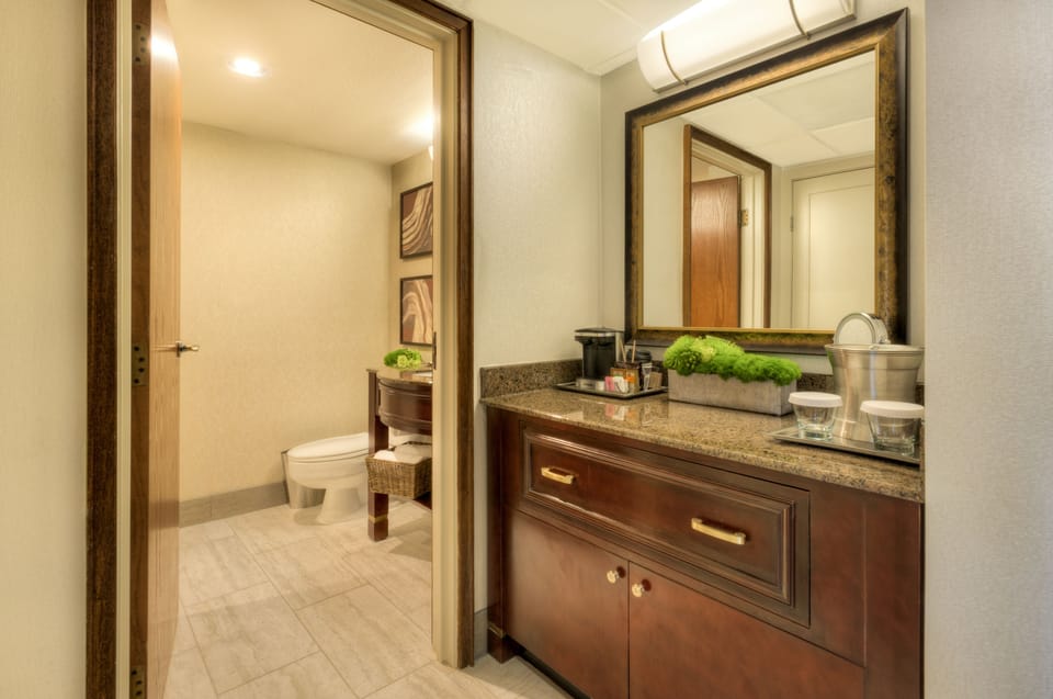 Combined shower/tub, free toiletries, hair dryer, towels