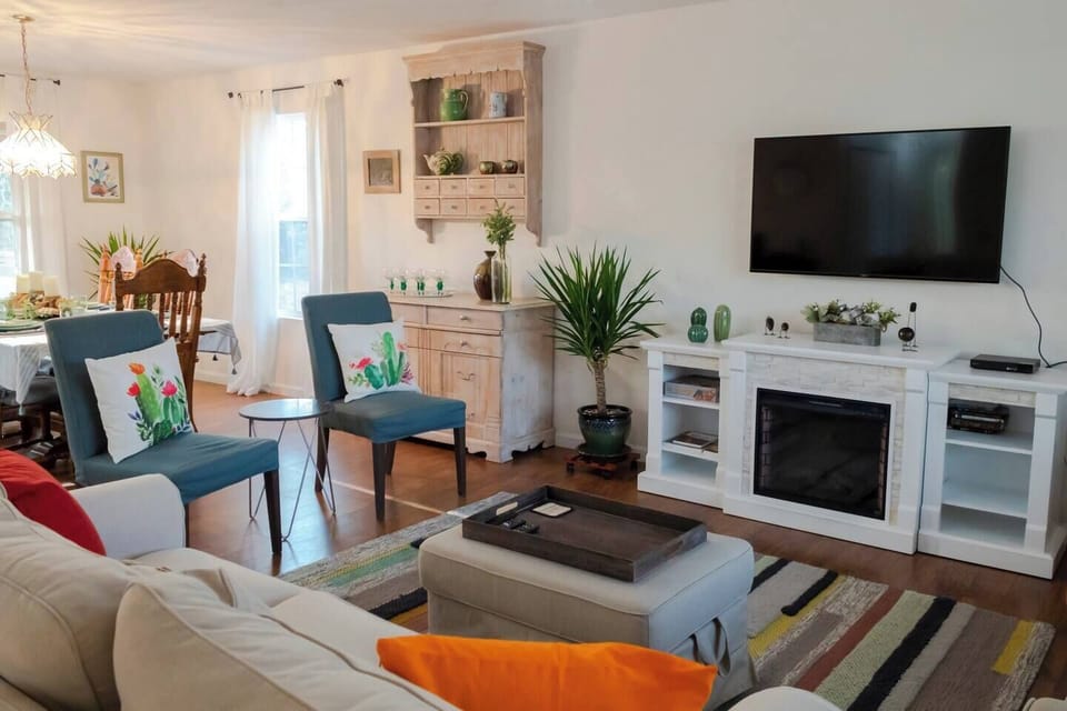 Living room with electric fireplace and smart TV