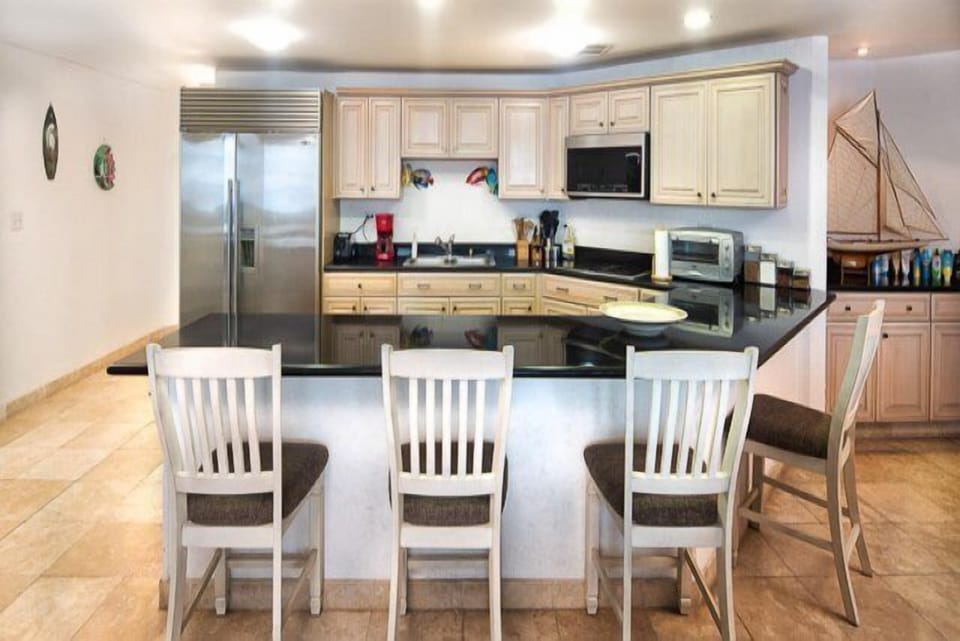 Thoroughly modern kitchen has a lunch counter to seat up to 5