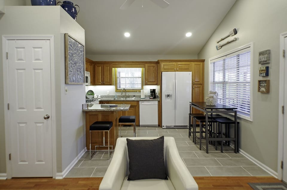 View of kitchen from the open living room