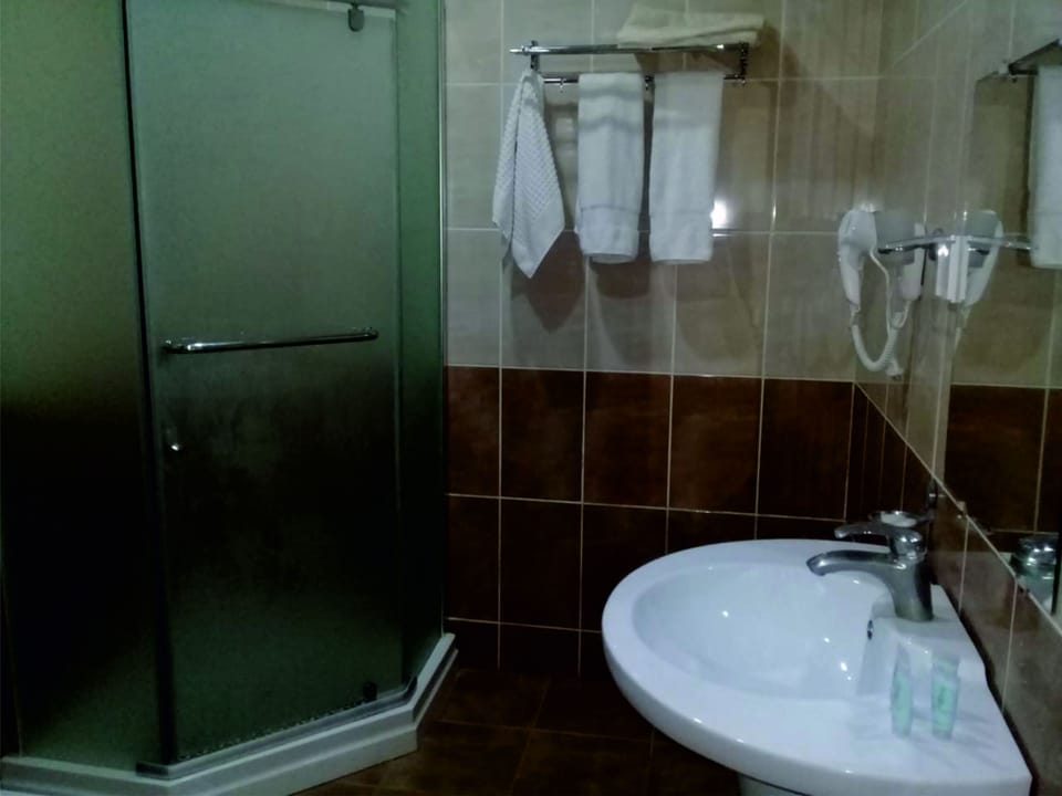 Shower, hydromassage showerhead, free toiletries, hair dryer