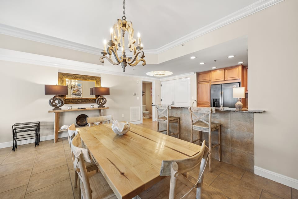 Dining table seats 6 to allow for enjoying meals with friends and family.
