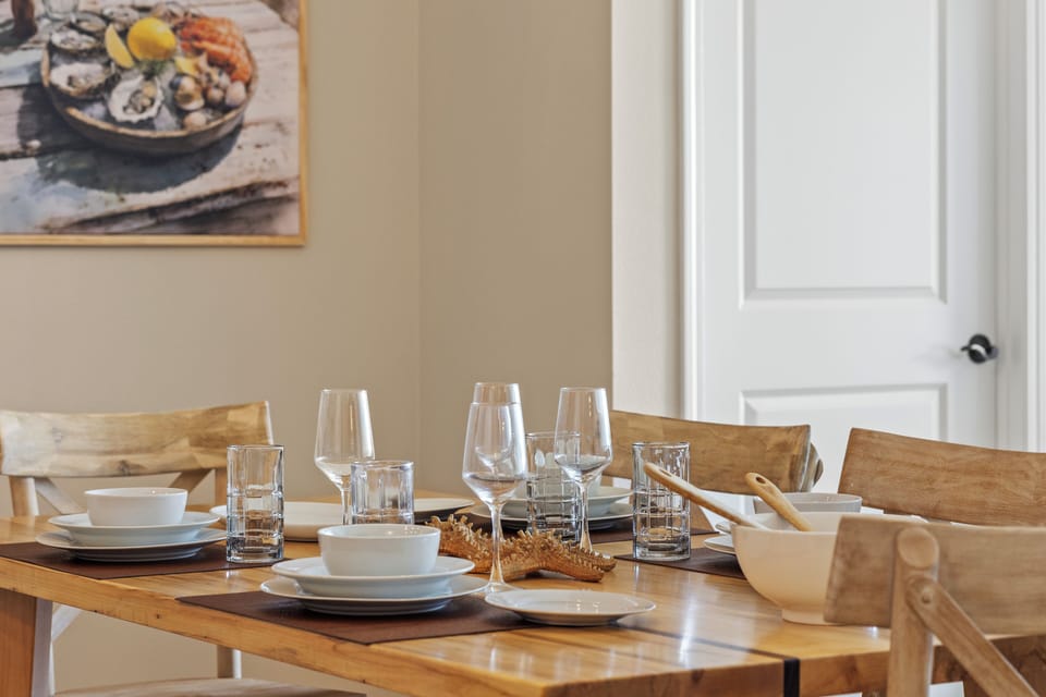 All the dinnerware, glassware and serving pieces are provided.
