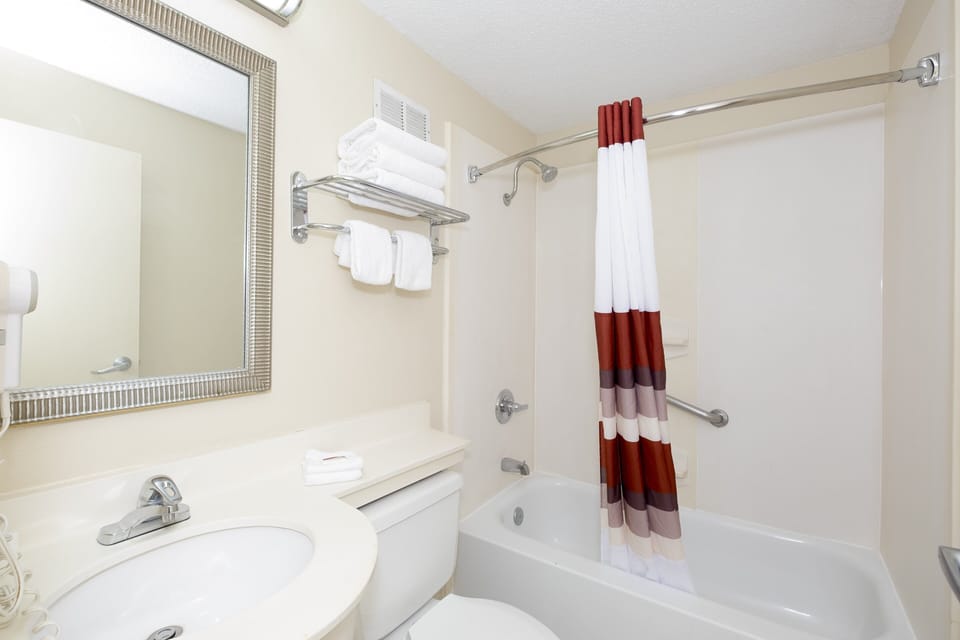Combined shower/tub, free toiletries, hair dryer, towels
