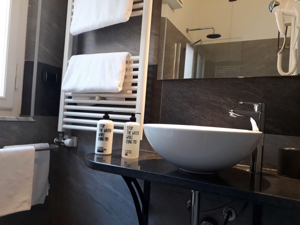 Shower, rainfall showerhead, eco-friendly toiletries, hair dryer