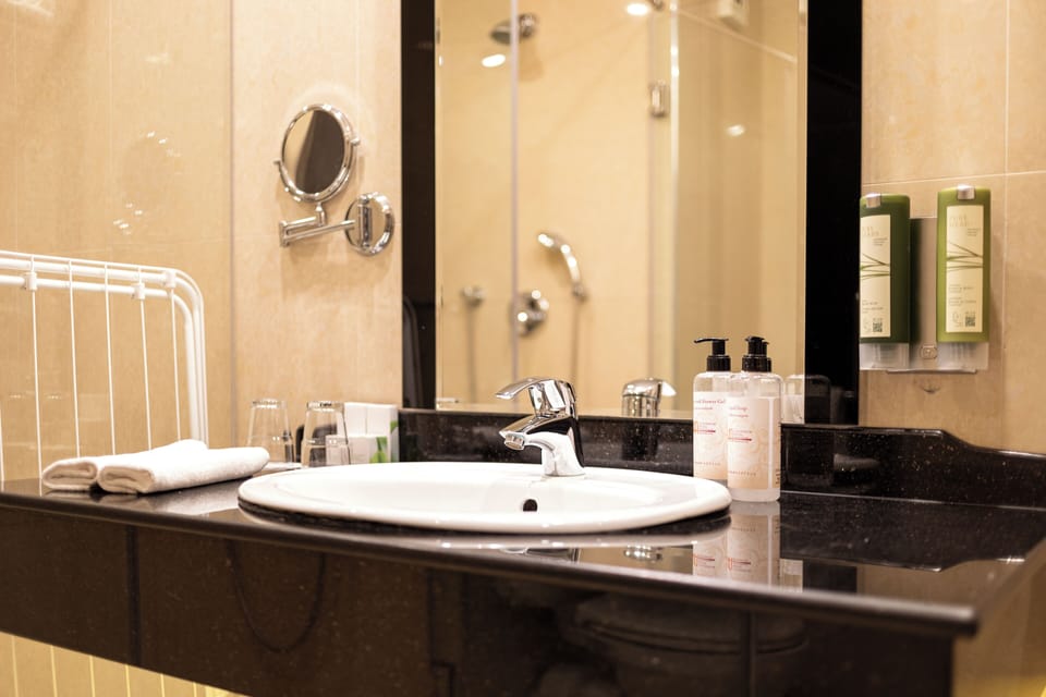 Deluxe Double Room | Bathroom | Eco-friendly toiletries, hair dryer, bathrobes, slippers