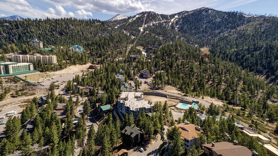 Aerial view of the scenic mountain setting, surrounded by towering pines.