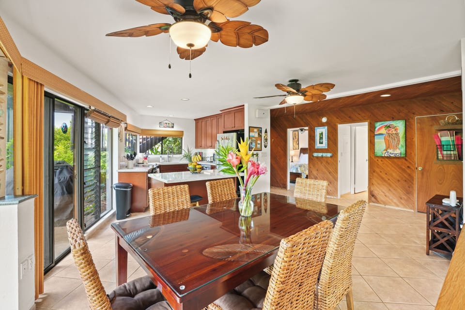 Dining area with newly remodeled kitchen and a gas bbq grill just out the side slider.