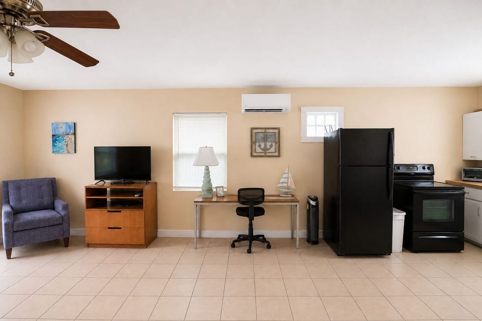 Watch TV from bed, relax in the cozy chair, or get some work done at the desk.
