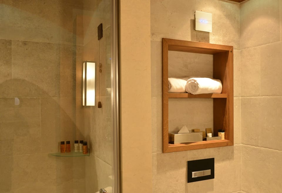 Deluxe Room | Bathroom | Shower, hydromassage showerhead, designer toiletries, hair dryer