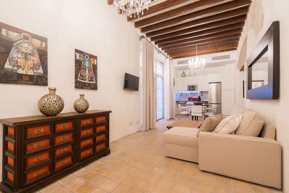 Vintage Palma palace, apartment 1, ground floor is a vacation rental apartment for 2 adults and 2 children in Palma de Mallorca. You can see here nearly the whole apartment, with the sofa bed in the foreground, the kitchen in the end with oven, stove and dishwasher. At the end to the right you have the bedroom and the bathroom. To the left you can see the entrance door, where the light enters in the apartment.