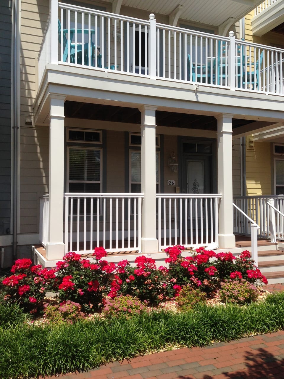 Front of town house with 1st and 2nd floor decks.