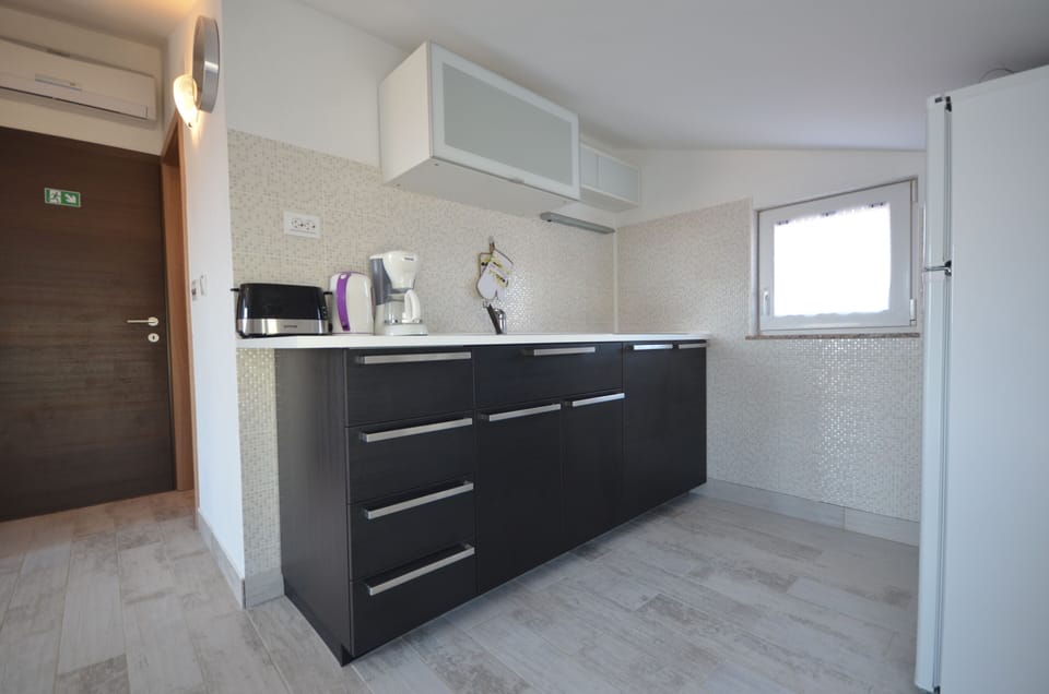 Apartment A1 | Private kitchen | Fridge, microwave, oven, stovetop