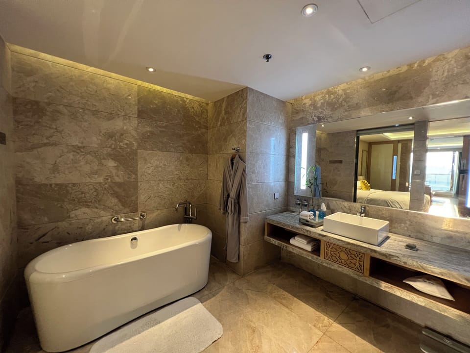 Double Room, 1 King Bed, City View | Bathroom | Combined shower/tub, rainfall showerhead, designer toiletries