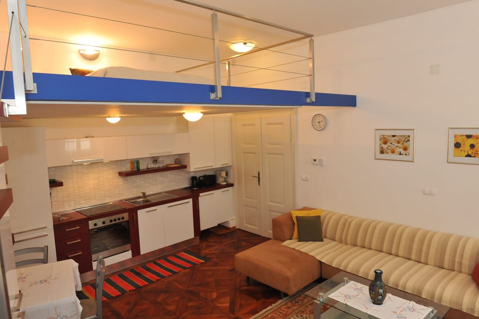 Kitchen with dining area, living room and loft bed 140x200 / no standing height/
