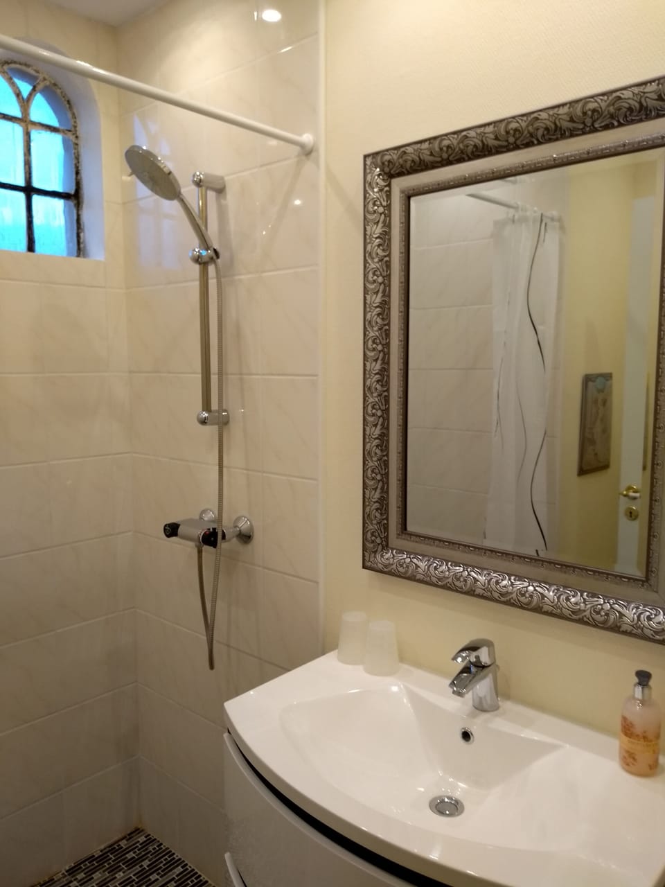 Hair dryer, towels, soap, shampoo