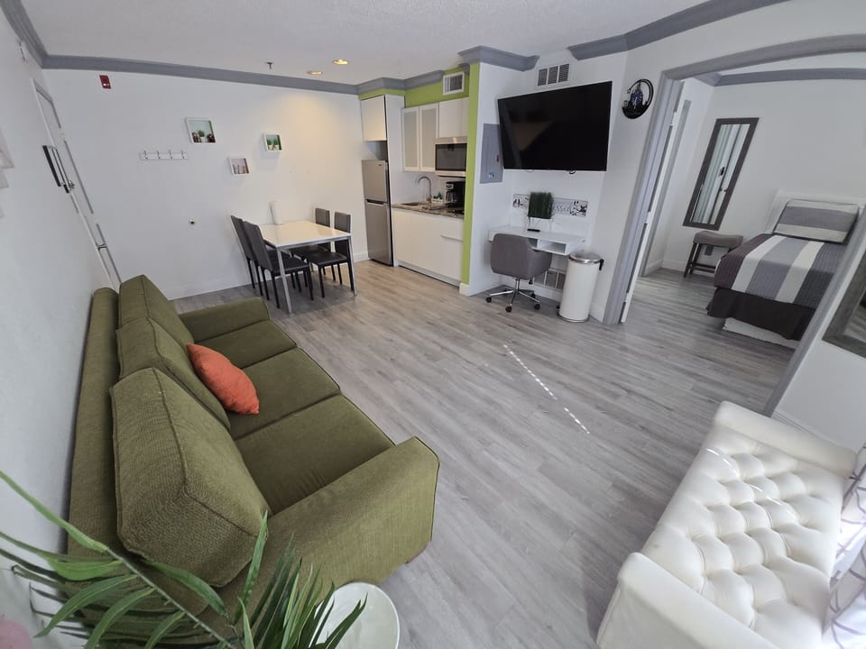 Cozy sofa bed and a new smart TV with all your favorite streaming apps.
