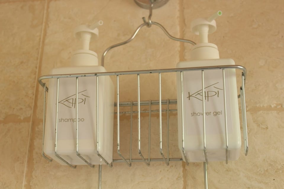 Shower, rainfall showerhead, free toiletries, hair dryer