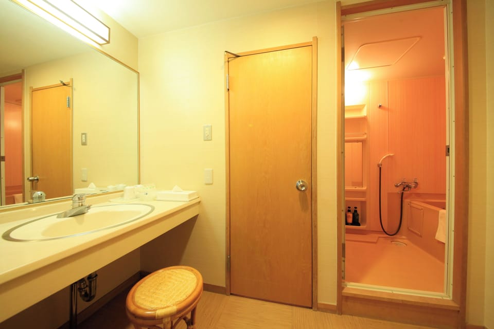Combined shower/tub, free toiletries, hair dryer, bathrobes