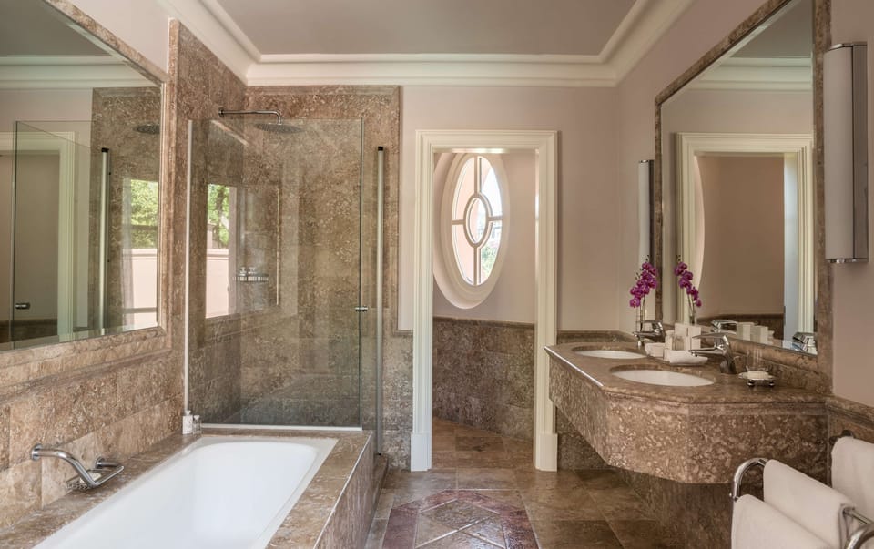 Deep soaking tub, rainfall showerhead, free toiletries, hair dryer