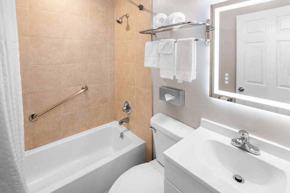 Standard Room, 1 King Bed | Bathroom | Combined shower/tub, rainfall showerhead, free toiletries, hair dryer