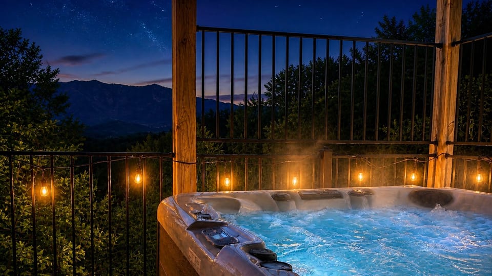 Mountain views from the hot tub can be especially inviting at sunset or on a clear night. You can almost "feel" the steam coming off that water!