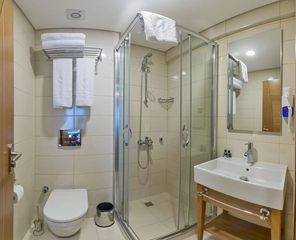 Shower, hydromassage showerhead, free toiletries, hair dryer