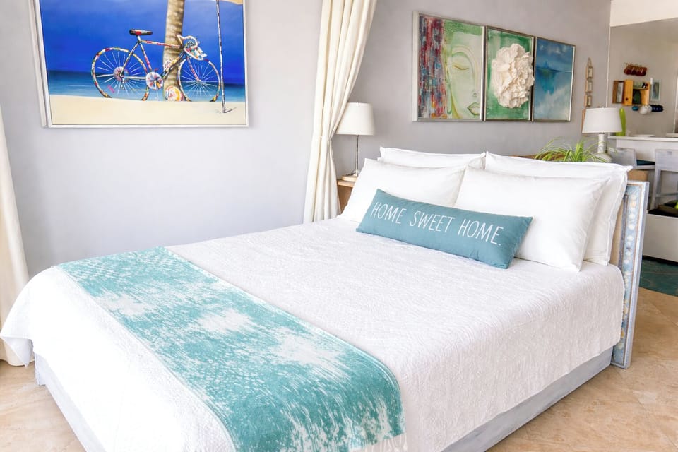 Bright open-concept studio with a queen bed and beautiful island views.