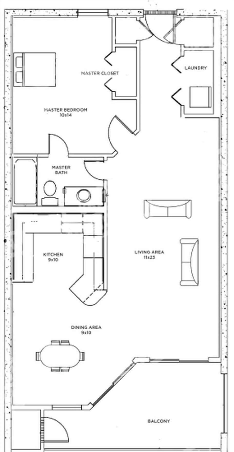One-bedroom layout with spacious living, dining, and kitchen areas with beachfront balcony access