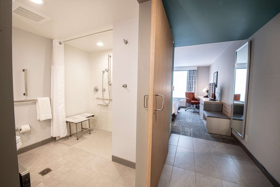 Room, 1 King Bed, Accessible (Roll-In Shower, Hearing & Mobility) | Bathroom | Designer toiletries, hair dryer, towels, soap
