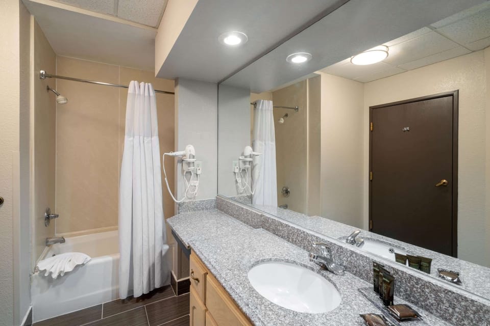 Eco-friendly toiletries, hair dryer, towels