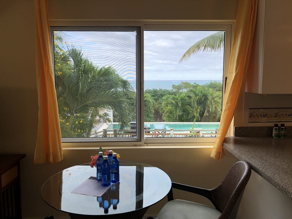 Ocean view from living area, overlooking pool.