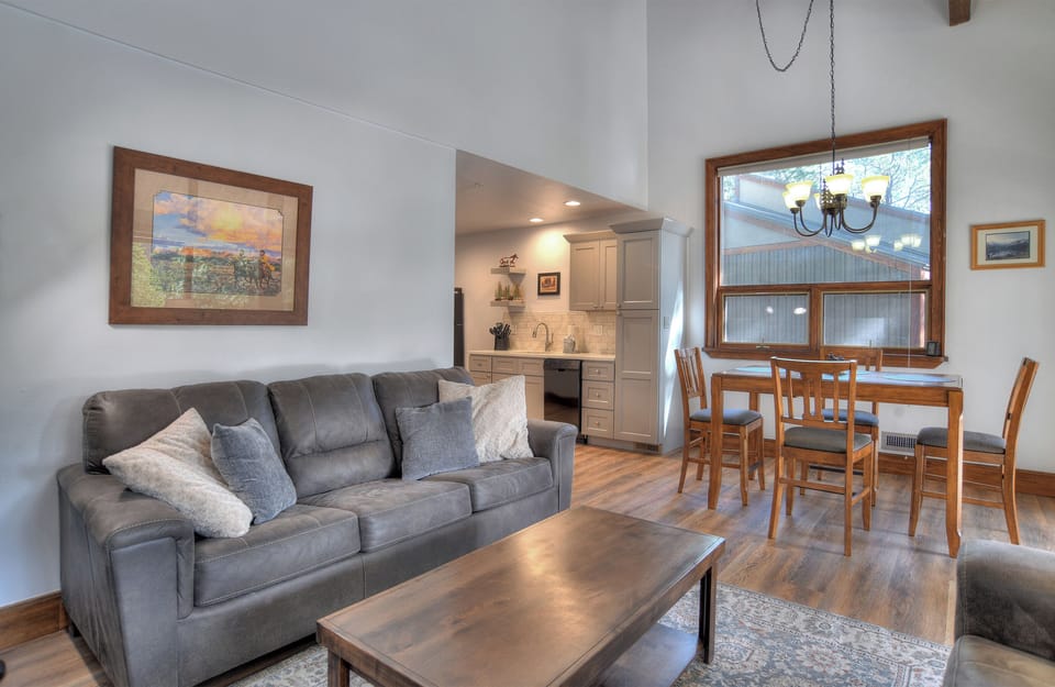 Living area with Sleeper Sofa, Fireplace, Smart TV, Natural Light, Large Deck